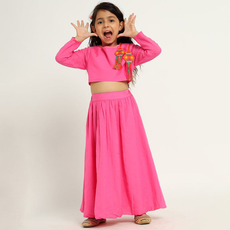 Cotton Top & Flared Skirt Set For Girls | Pink