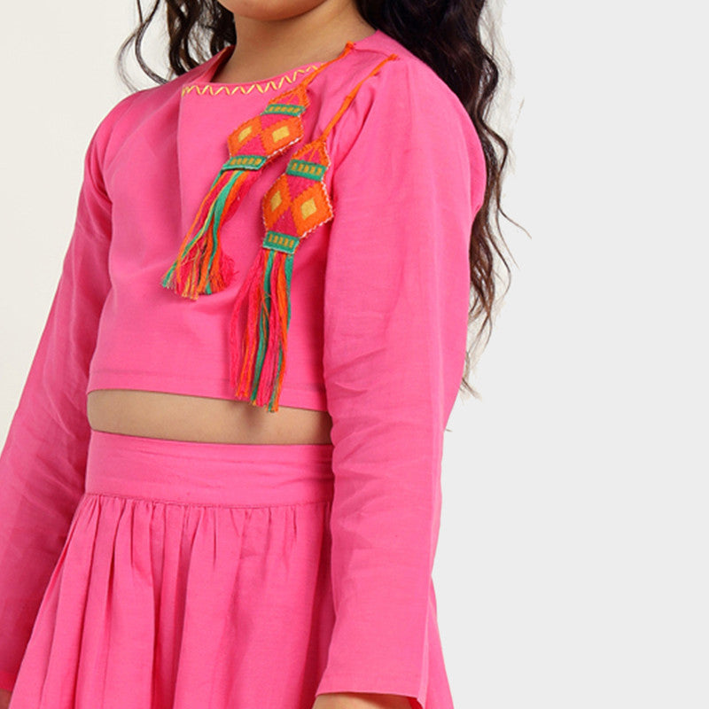 Cotton Top & Flared Skirt Set For Girls | Pink