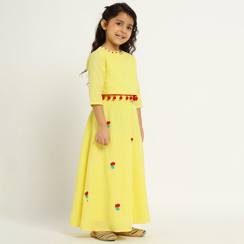 Cotton Tulip Top & Skirt Set For Girls | Embroidered | Yellow