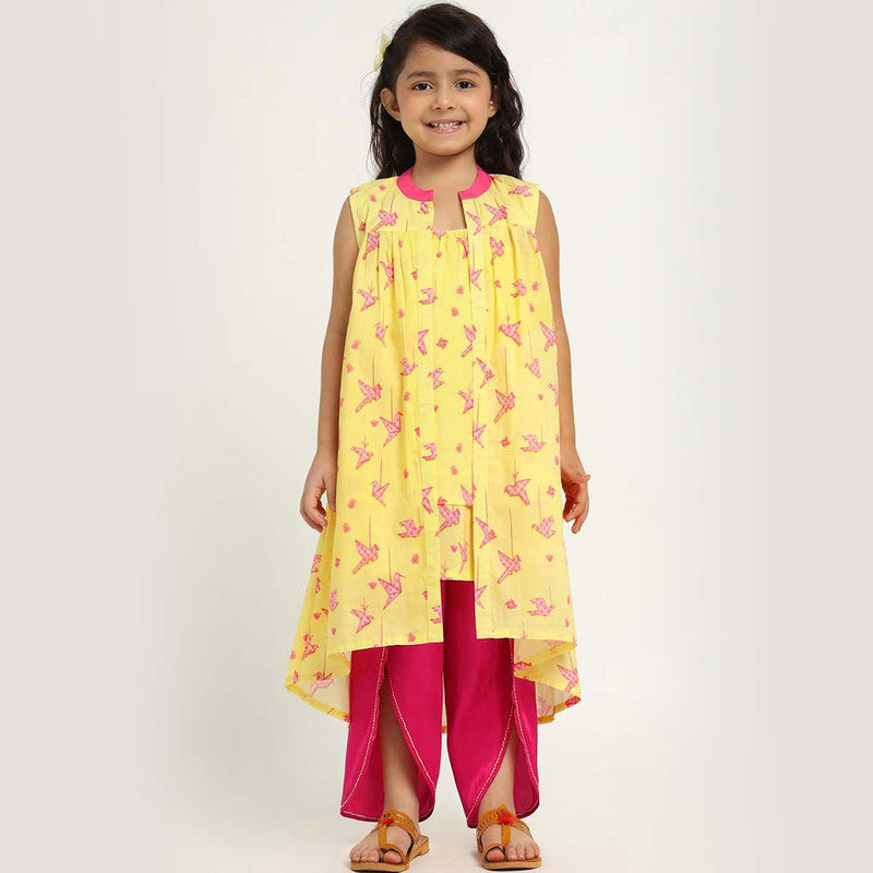 Cotton Kurta Set With Shrug For Girls | Paper Bird | Yellow