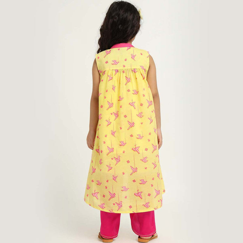 Cotton Kurta Set With Shrug For Girls | Paper Bird | Yellow