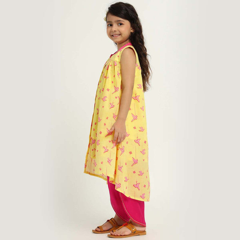 Cotton Kurta Set With Shrug For Girls | Paper Bird | Yellow