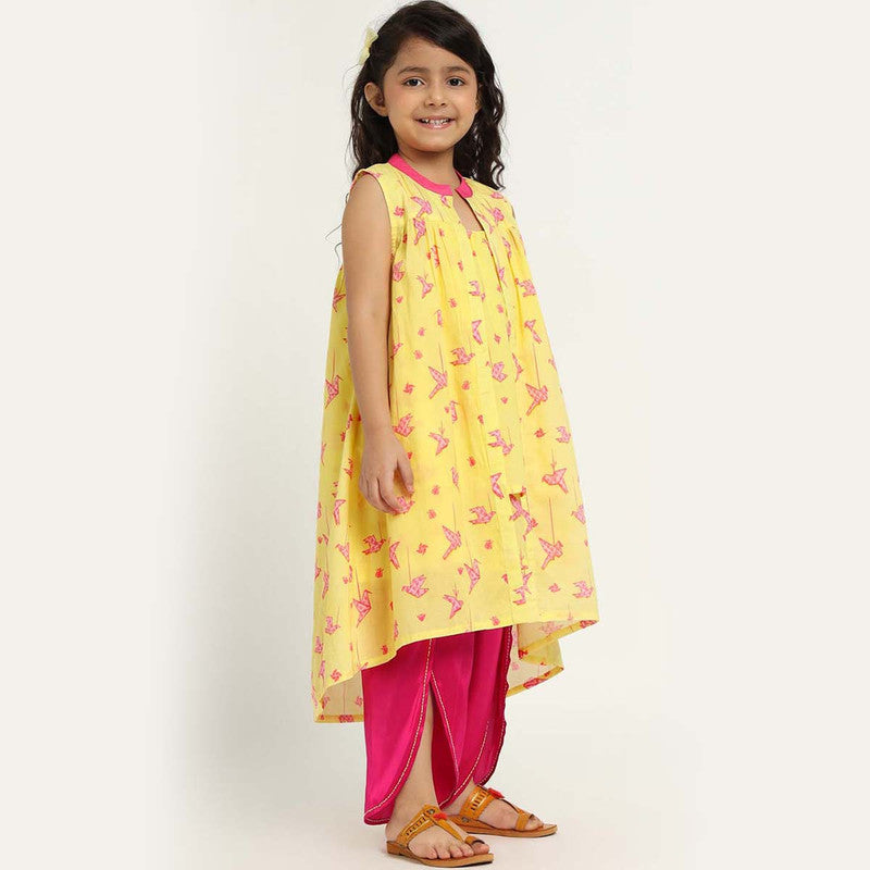 Cotton Kurta Set With Shrug For Girls | Paper Bird | Yellow