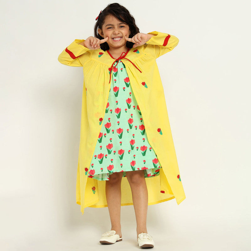 Cotton Tulip Dress With Shrug For Girls | Yellow