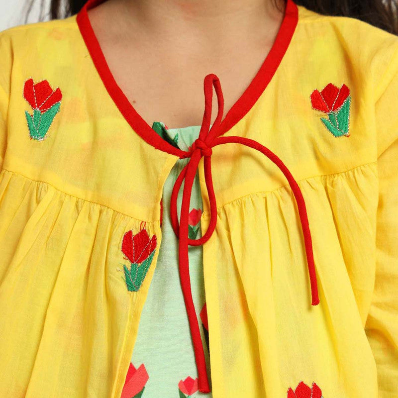 Cotton Tulip Dress With Shrug For Girls | Yellow