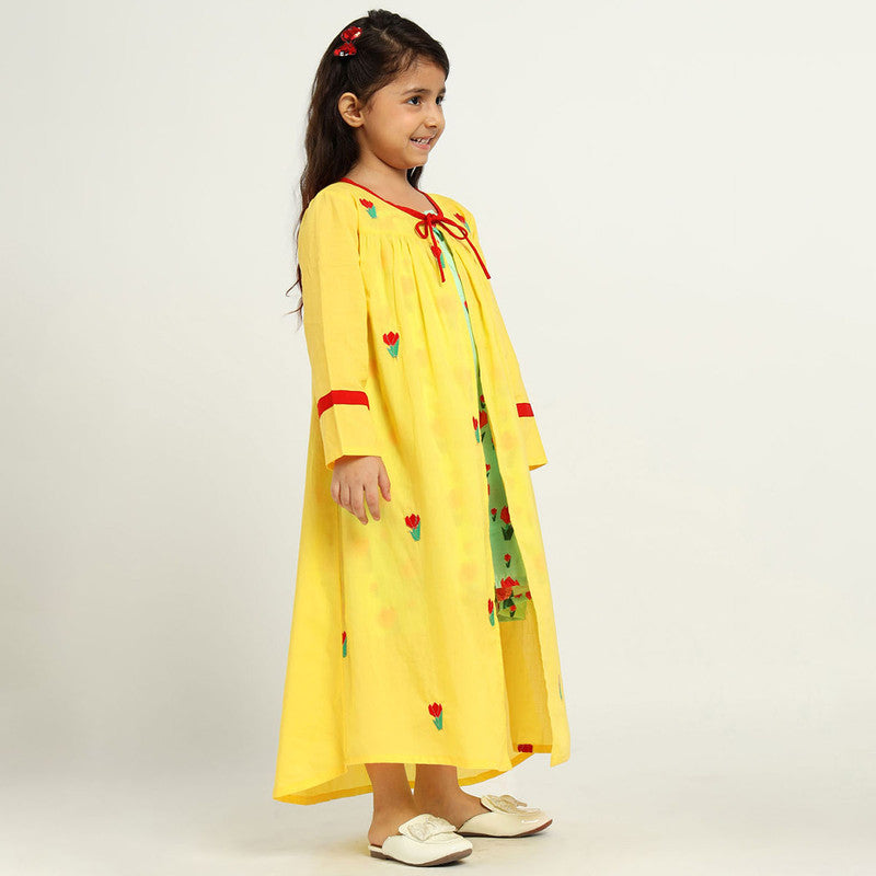 Cotton Tulip Dress With Shrug For Girls | Yellow