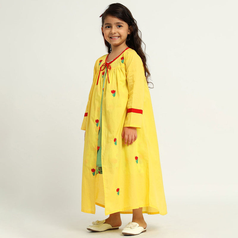 Cotton Tulip Dress With Shrug For Girls | Yellow