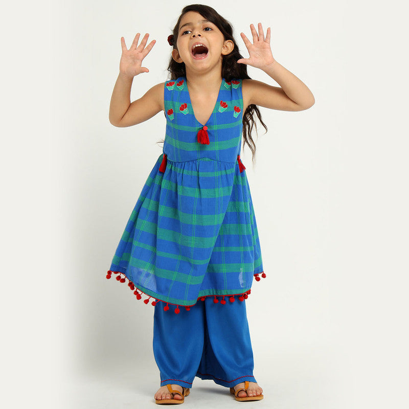 Cotton Frock Kurta Palazzo Set For Girls | Blue