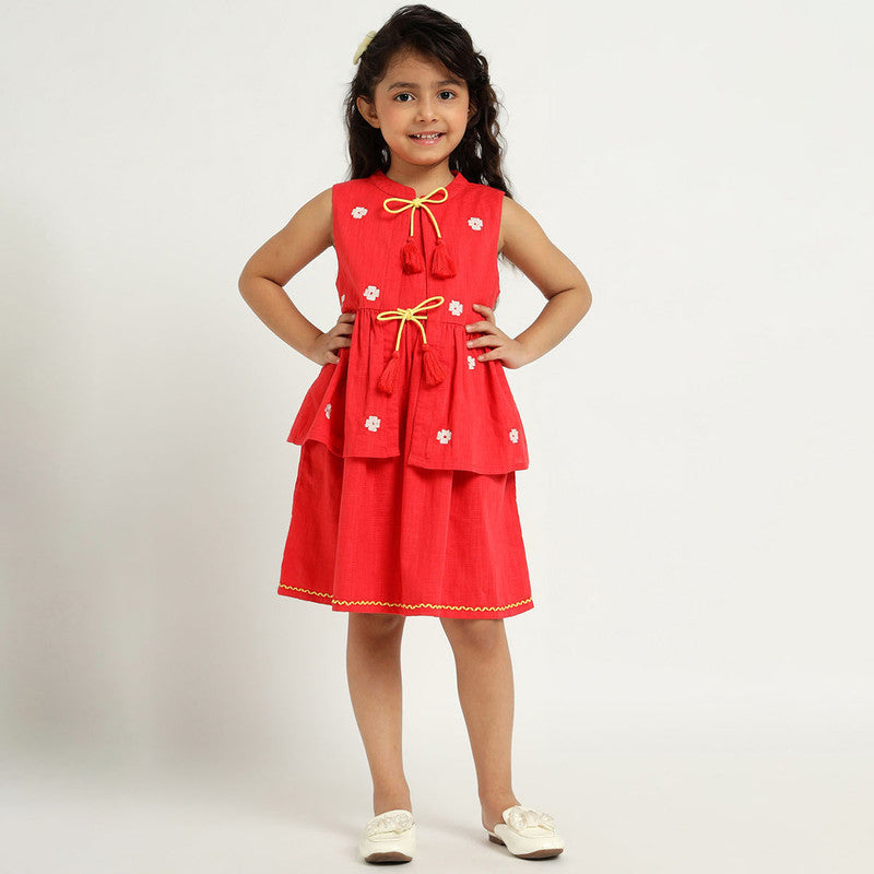 Cotton Orchid Dress & Shrug Set For Girls | Mandarin Collar | Red