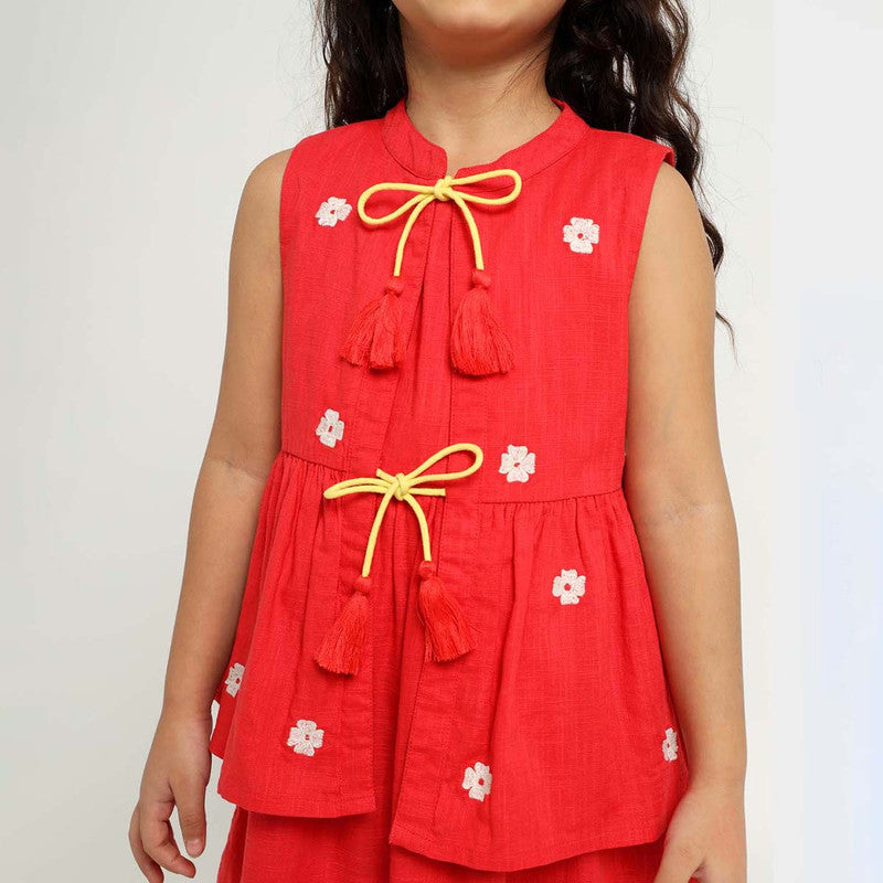 Cotton Orchid Dress & Shrug Set For Girls | Mandarin Collar | Red