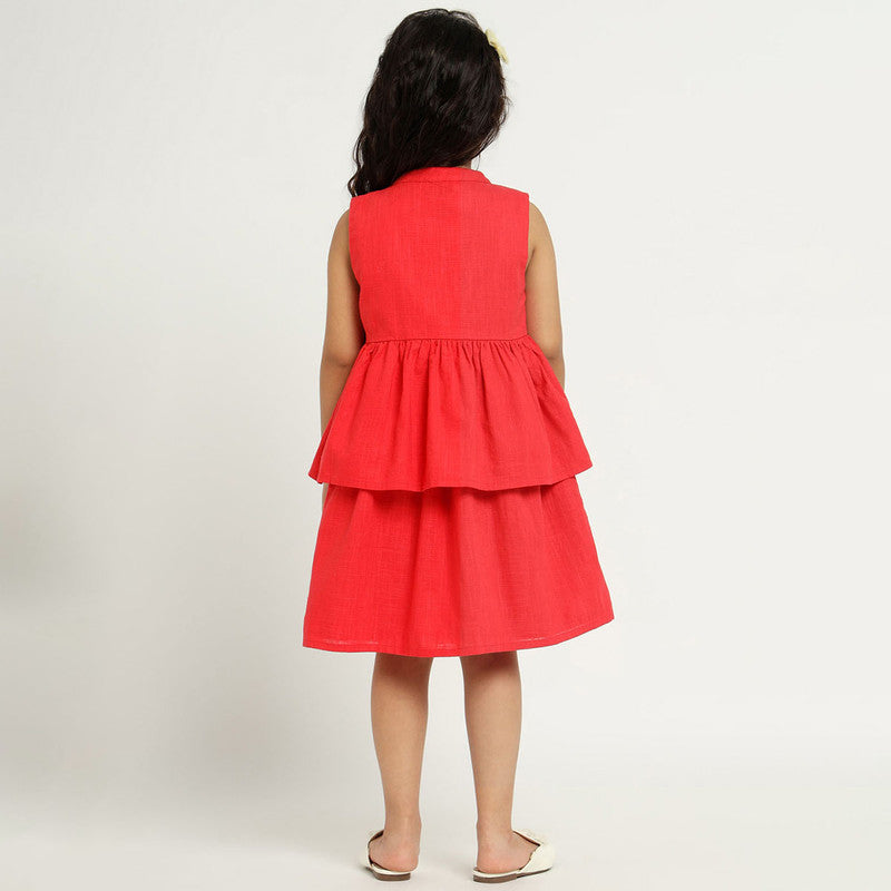 Cotton Orchid Dress & Shrug Set For Girls | Mandarin Collar | Red