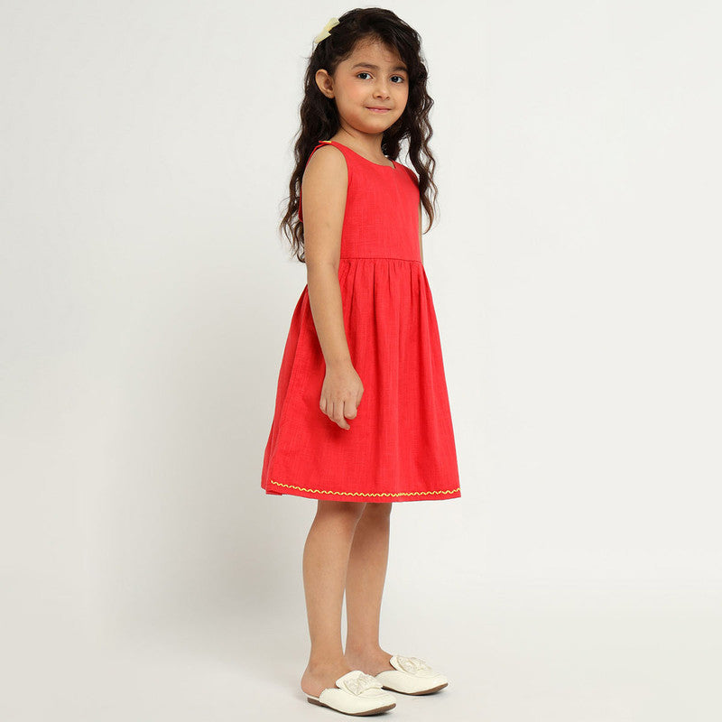 Cotton Orchid Dress & Shrug Set For Girls | Mandarin Collar | Red