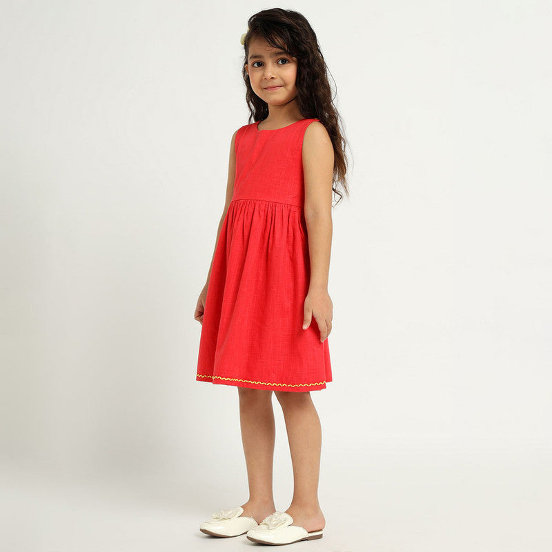 Cotton Orchid Dress & Shrug Set For Girls | Mandarin Collar | Red