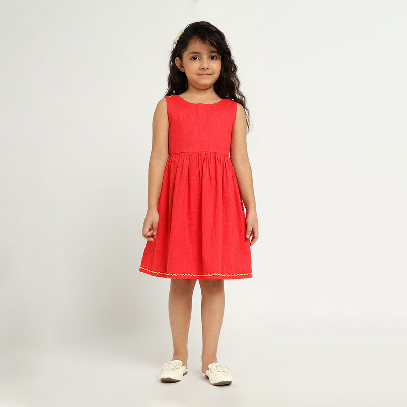 Cotton Orchid Dress & Shrug Set For Girls | Mandarin Collar | Red