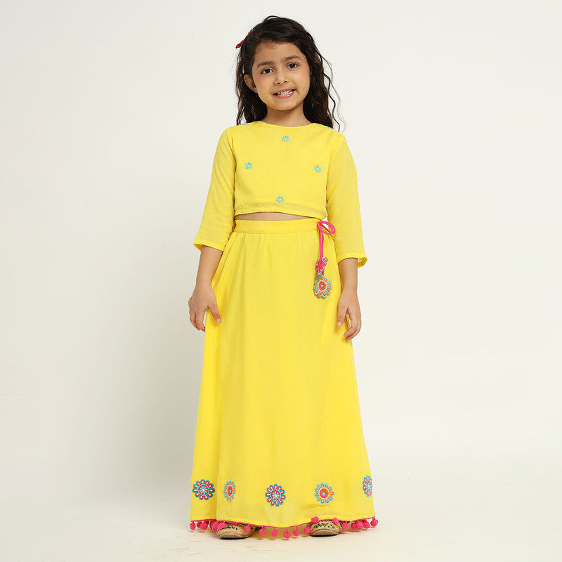 Cotton Daisy Top & Skirt Set For Girls | Embroidered | Yellow