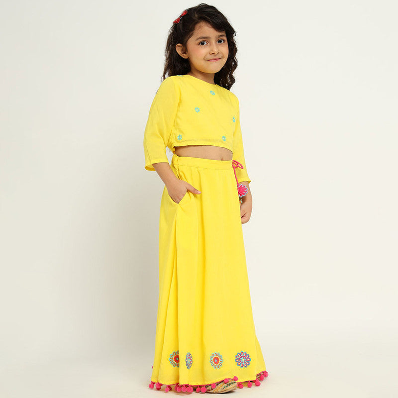 Cotton Daisy Top & Skirt Set For Girls | Embroidered | Yellow