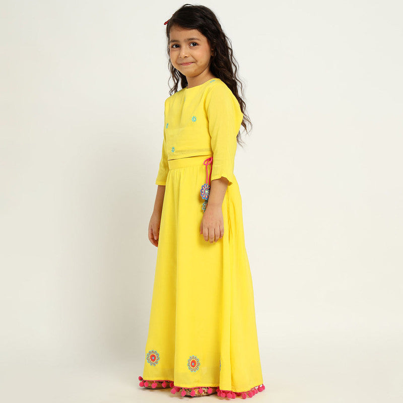 Cotton Daisy Top & Skirt Set For Girls | Embroidered | Yellow