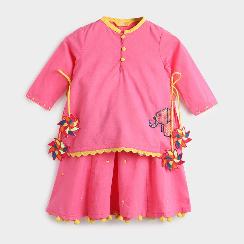 Cotton Dress For Baby | Beaded Haathi | Pink