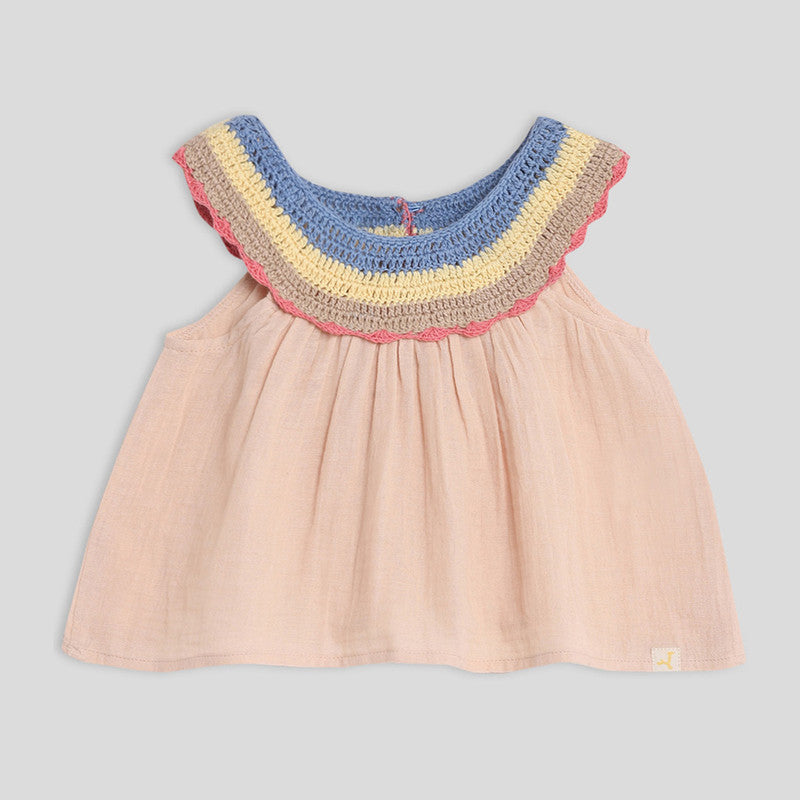 Cotton Top for Girls | Apricot Crochet Flouncy | Beige