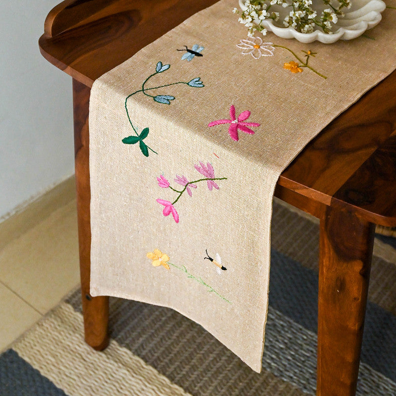 Organic Cotton Table Runner | Hand Embroidered | Beige