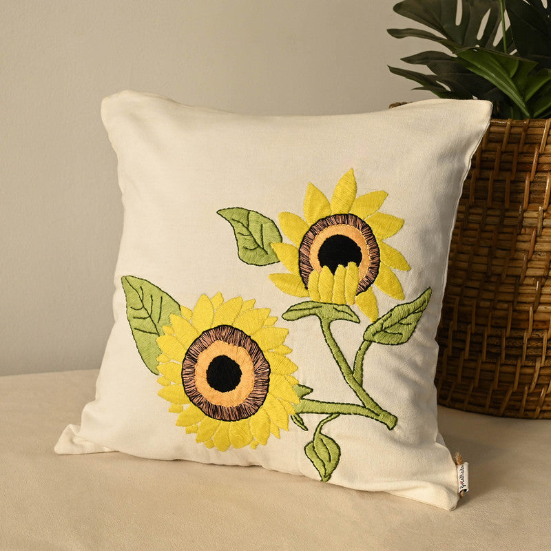 Cotton Cushion Cover | Sun Flower | White & Yellow | 16x16 inches