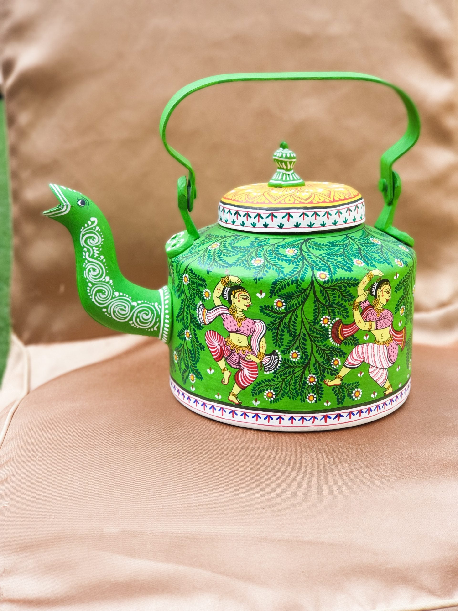 Vintage Vistara Green Teapot with Handpainted Pattachitra Woman