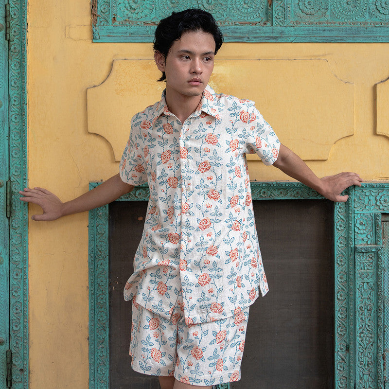 Kala Cotton Shirt For Men | Half Sleeves | Block Printed | Rust & Blue