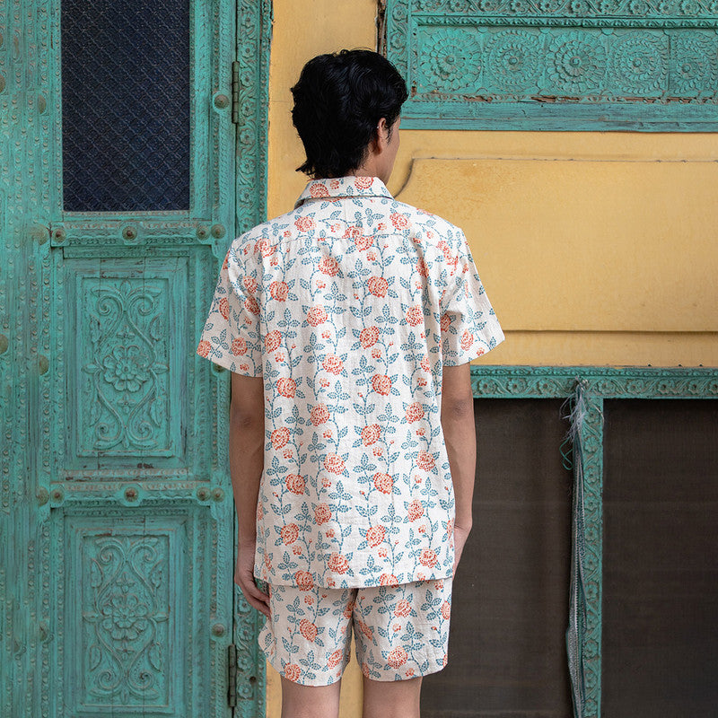 Kala Cotton Shirt For Men | Half Sleeves | Block Printed | Rust & Blue