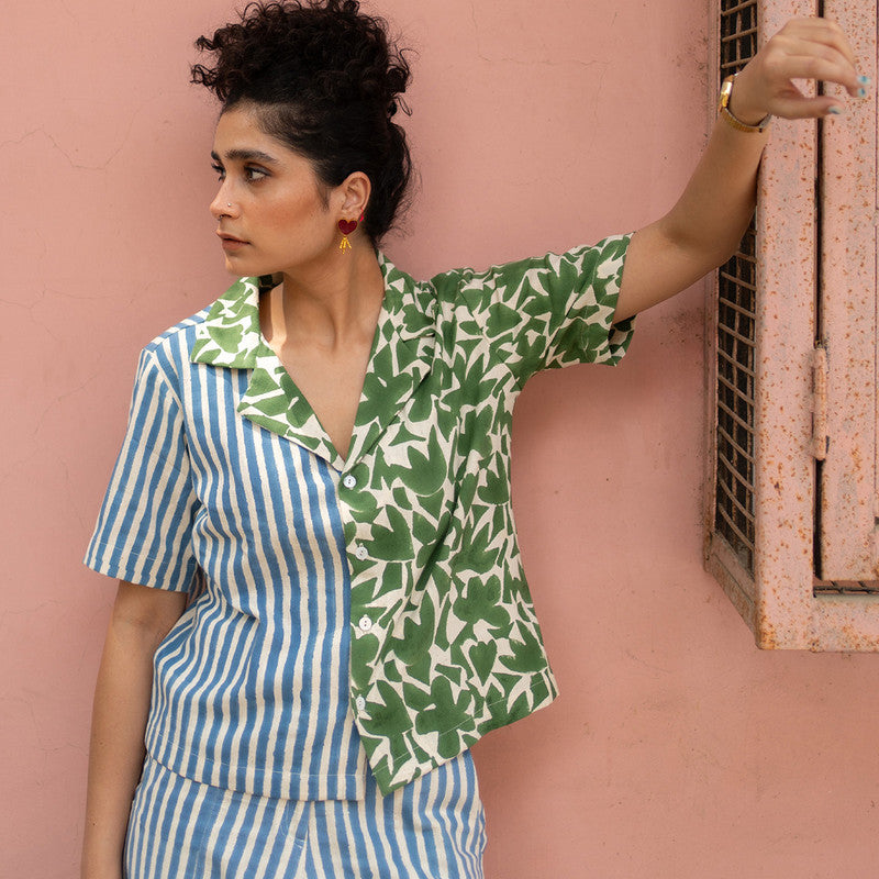 Kala Cotton Shirt For Women | Block Printed | Blue & Green