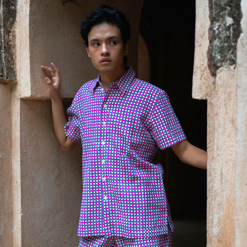 Kala Cotton Shirt For Men | Block Printed | Pink & Blue