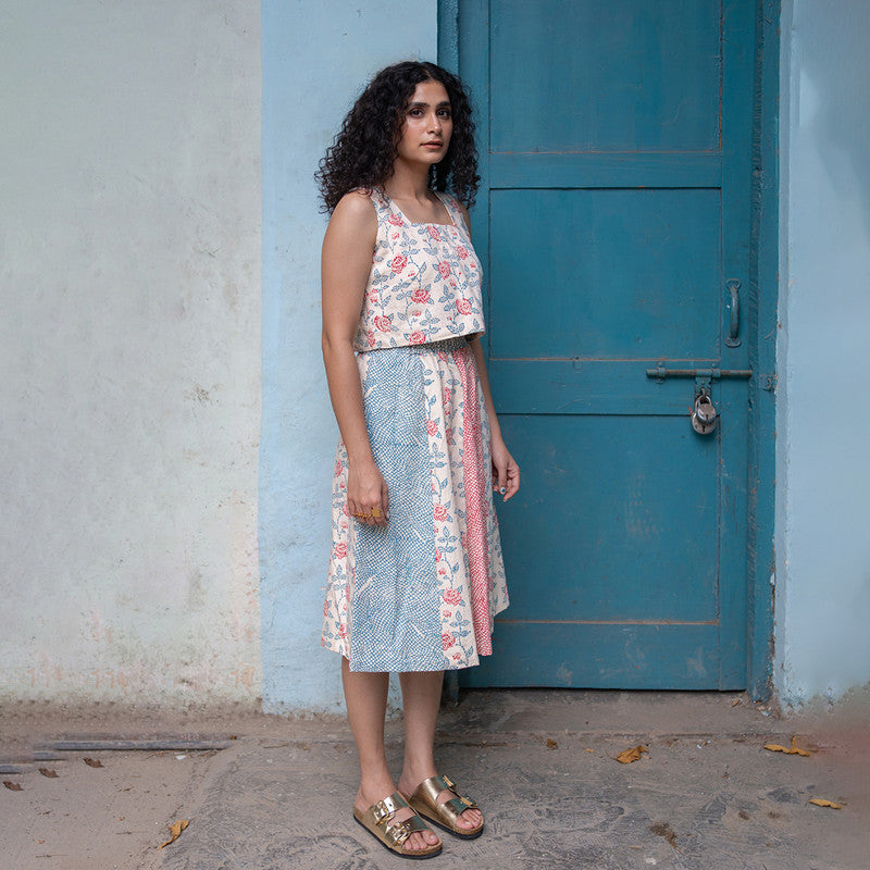 Kala Cotton Midi Skirt For Women | Block Printed | Pink & Blue