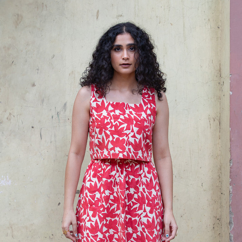 Kala Cotton Crop Top For Women | Block Printed | Red