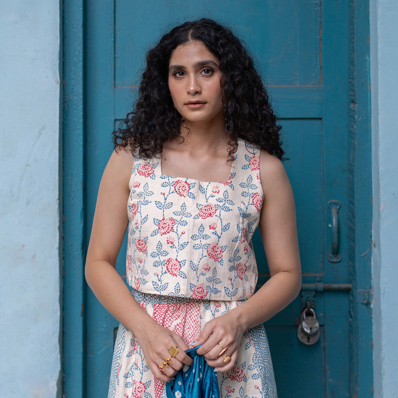 Kala Cotton Crop Top For Women | Block Printed | Pink & Blue