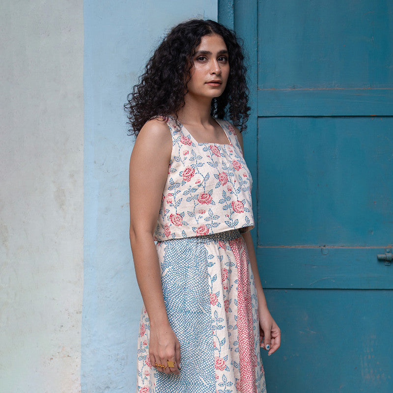 Kala Cotton Crop Top For Women | Block Printed | Pink & Blue