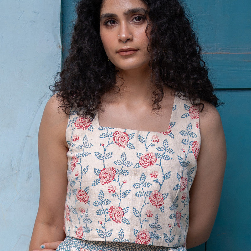 Kala Cotton Crop Top For Women | Block Printed | Pink & Blue