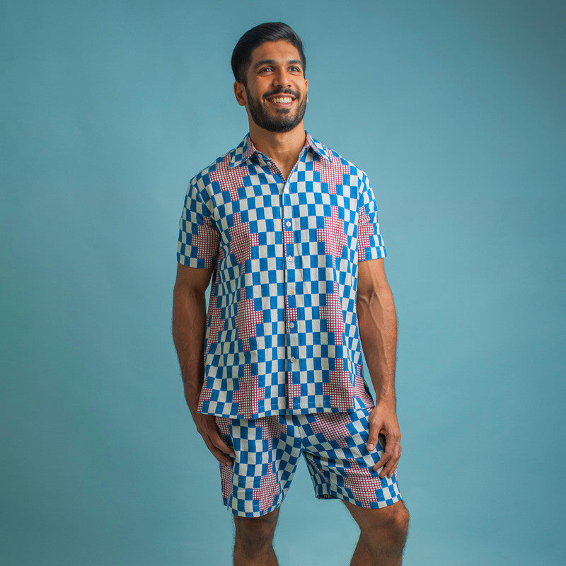 Kala Cotton Half Sleeves Shirt For Men | Printed Collar | Cobalt