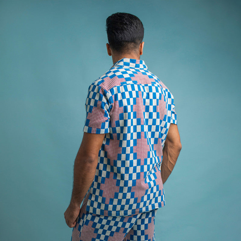 Kala Cotton Half Sleeves Shirt For Men | Printed Collar | Cobalt