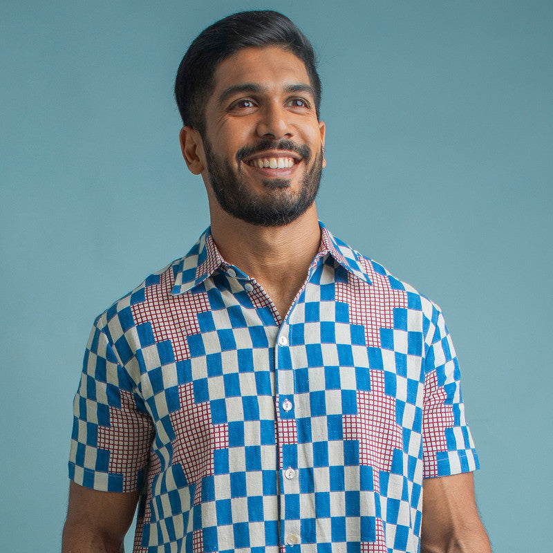 Kala Cotton Half Sleeves Shirt For Men | Printed Collar | Cobalt