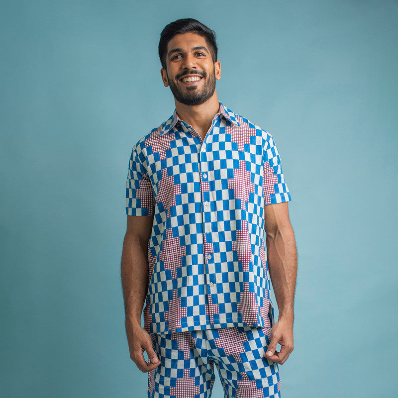 Kala Cotton Half Sleeves Shirt For Men | Printed Collar | Cobalt