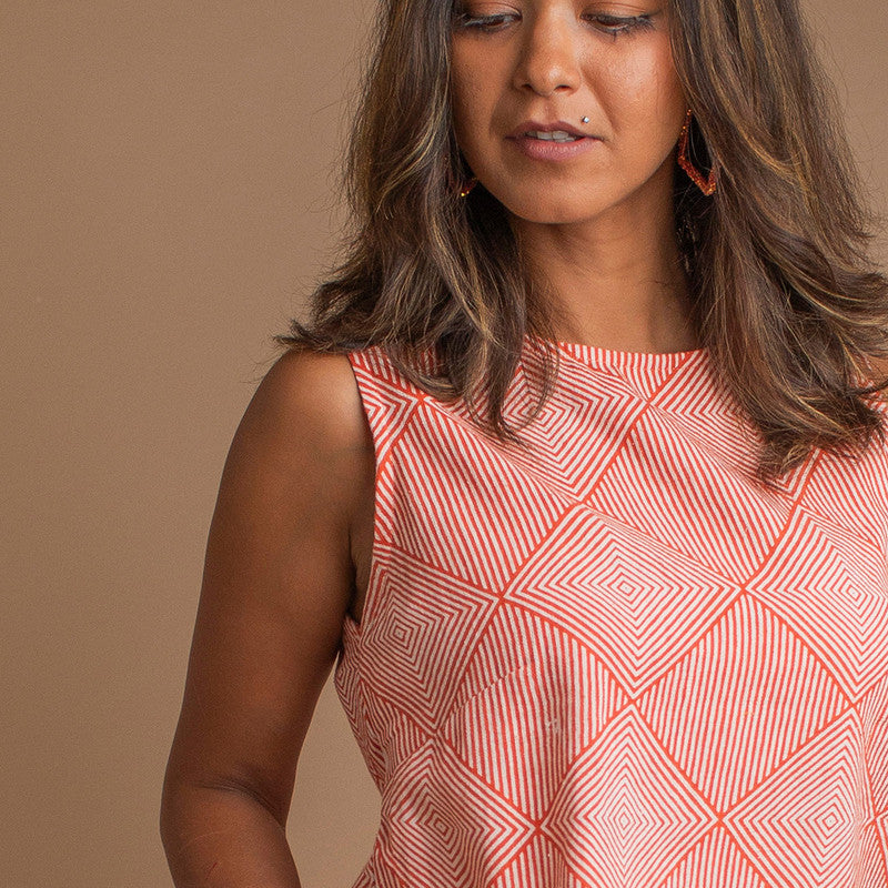 Kala Cotton Printed Top For Women | Sleeveless | Orange