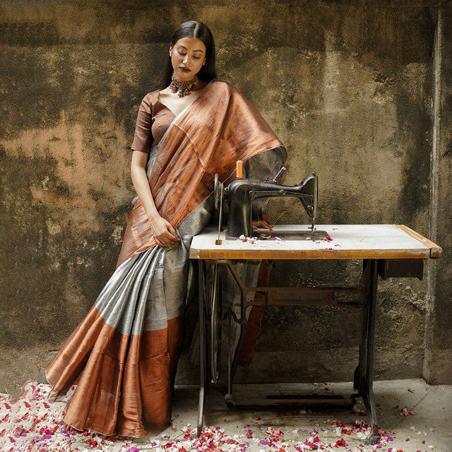 Cotton Silk Saree | Solid | Silver & Copper