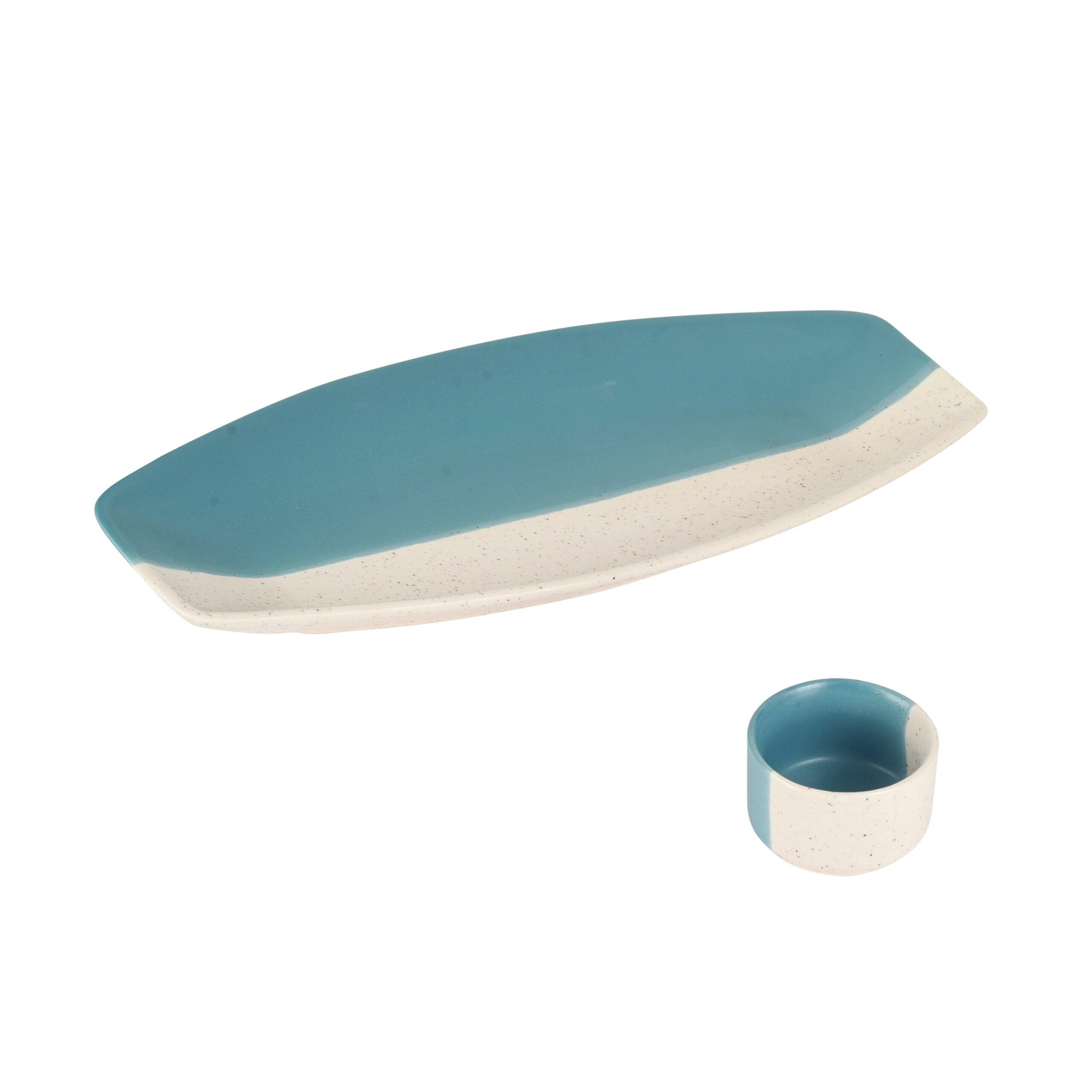 IKrafties Ceramic Off White and light Blue Serving Platter with Dip Bowls(1 Platter,2 Dip Bowls)