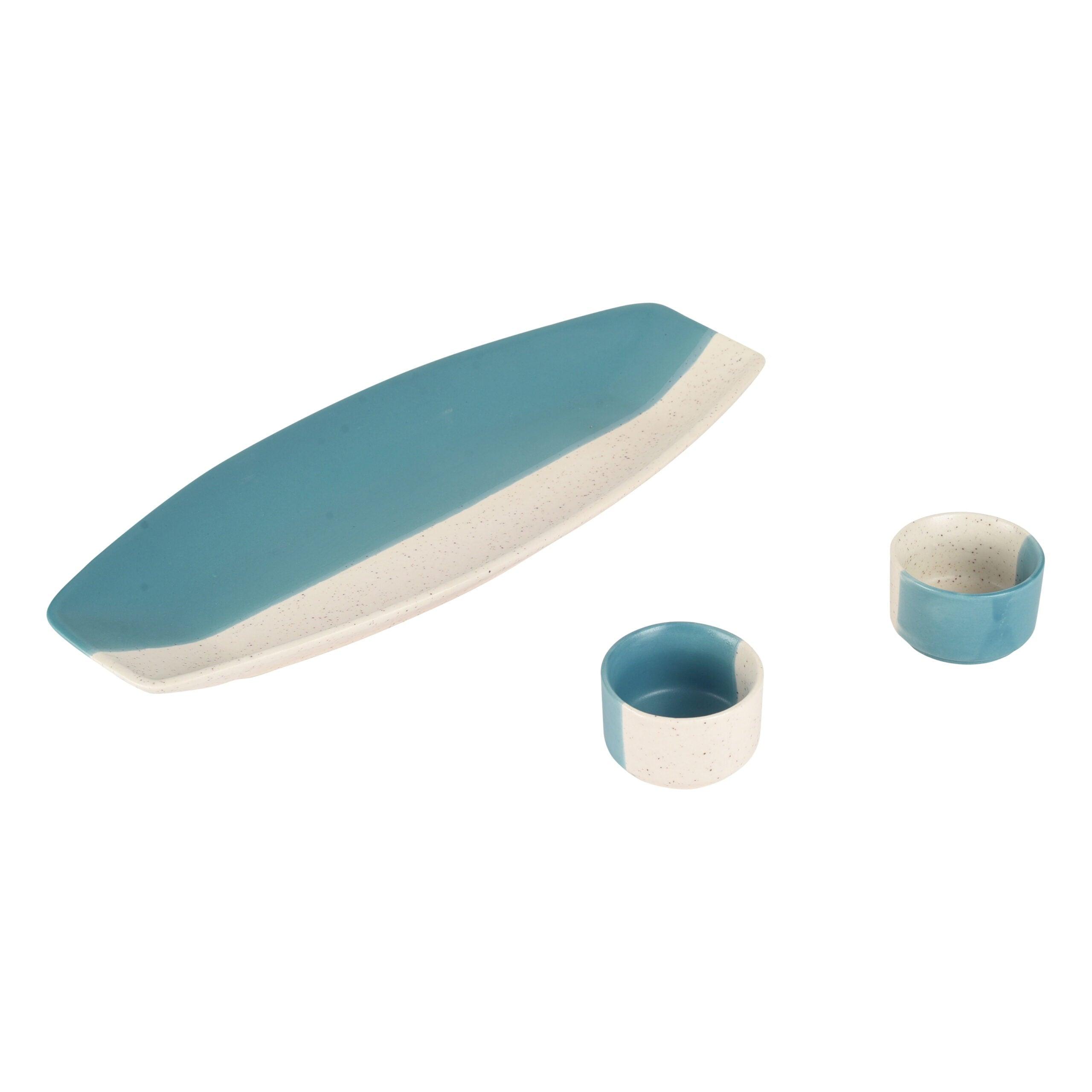 IKrafties Ceramic Off White and light Blue Serving Platter with Dip Bowls(1 Platter,2 Dip Bowls)