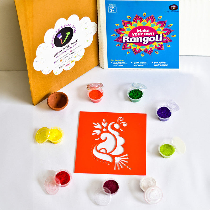 Rangoli Kit For Kids | 6 Colours With Peacock Stencils