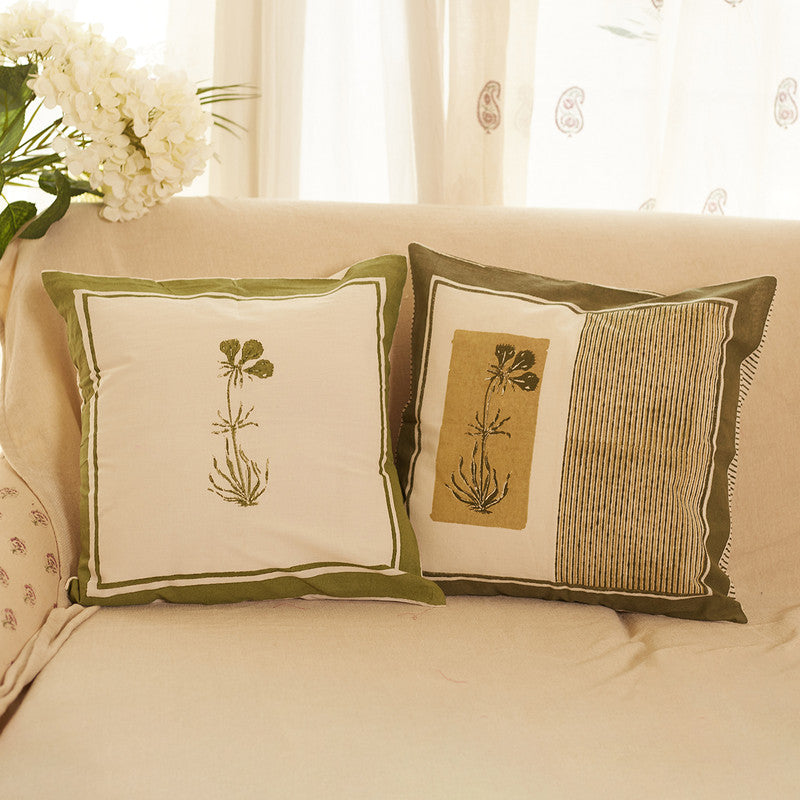 Cotton Cushion Covers | Printed | Set Of 2 | Olive Green