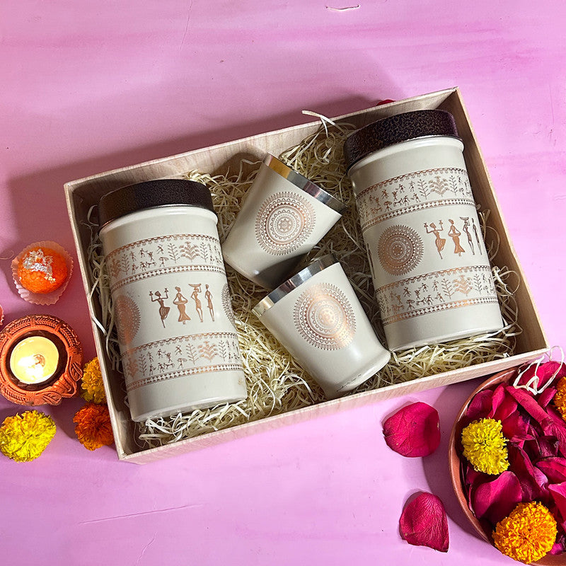 Wedding Gift Box Indian themed Container Set with Glasses | Stainless Steel | Set of 4