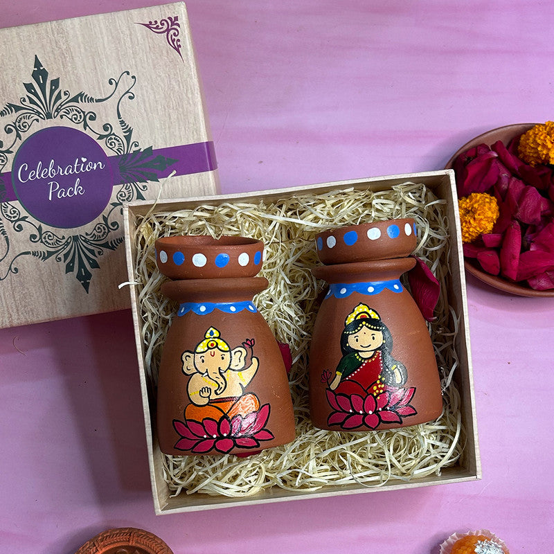 Festive Gift Box | Terracotta Handpainted Divinity Lakshmi Ganesha Tealight Holder | Set of 2