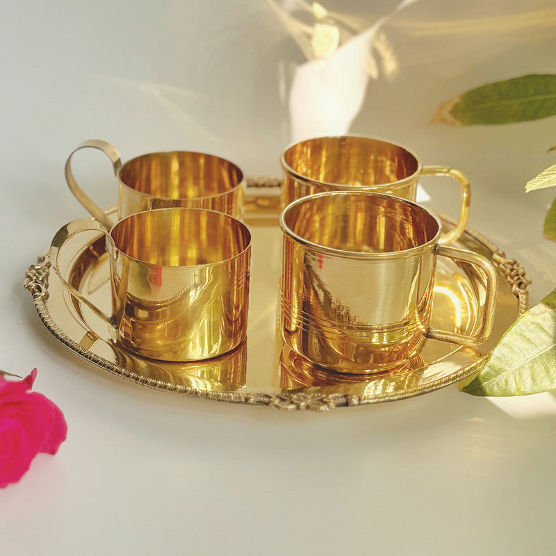 Lustre Line Brass Mug Set With Coasters | Set of 2