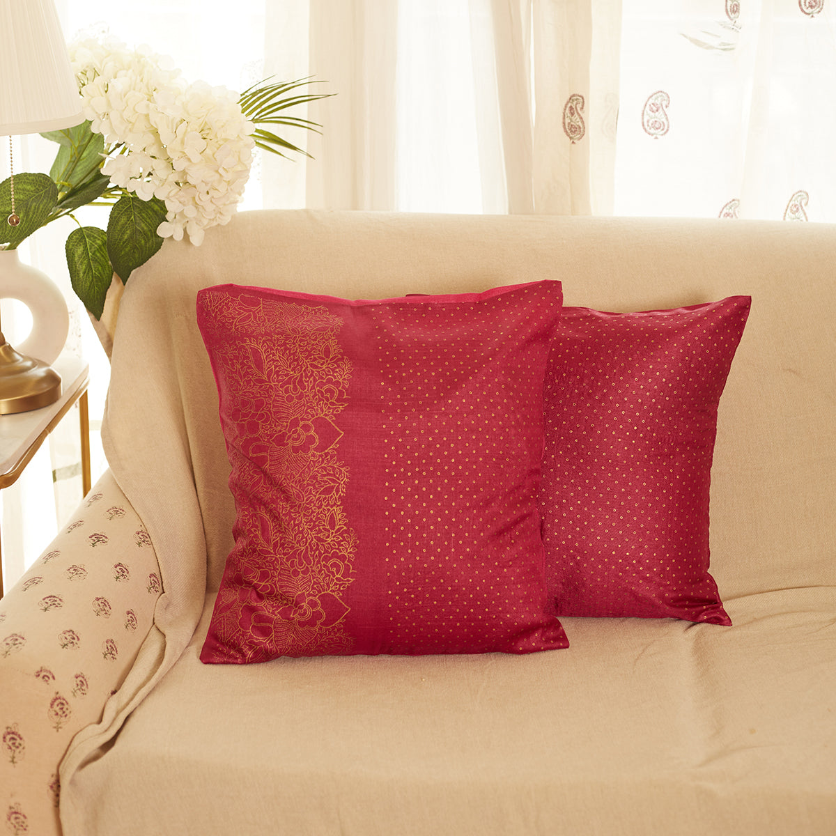 Cotton Cushion Cover | Jaal Hand block Printed | Pink