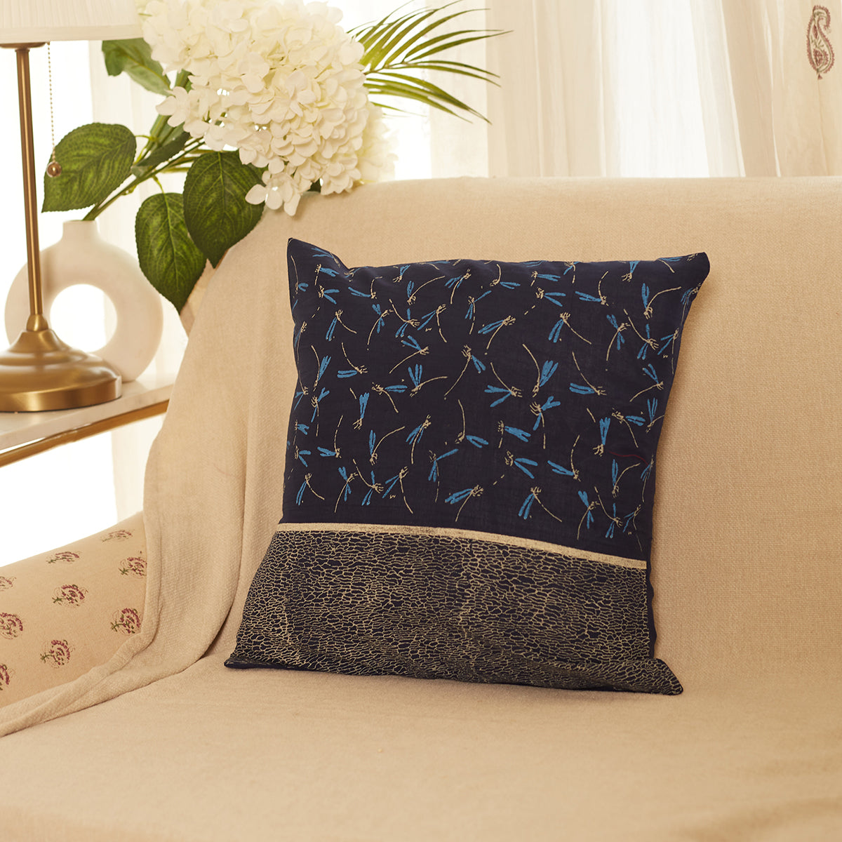 Cotton Cushion Covers | Dragon Fly Printed | Set of 2 | Cobalt Blue